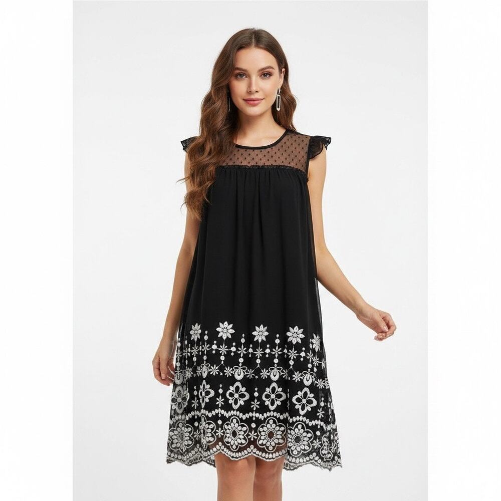 Hailey Lyn Black Embroidered Mesh Flutter Sleeve Dress Large Coquette Boho